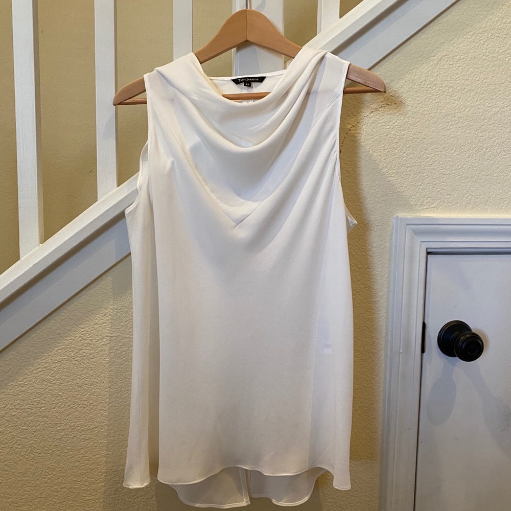 Tara Jarmon High Neck Drape White Tank Blouse
